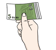 Das Bild zeigt eine Hand. Die Hand h&auml;lt einen 5-Euro-Schein.