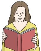 Das Bild zeigt eine Frau. Die Frau h&auml;lt ein Buch in der Hand.